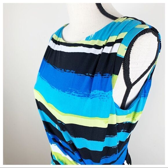 Tahari Bright Blue Multi Striped Side Draped Sleeveless Work Party Dress Sz 8 - Picture 7 of 13